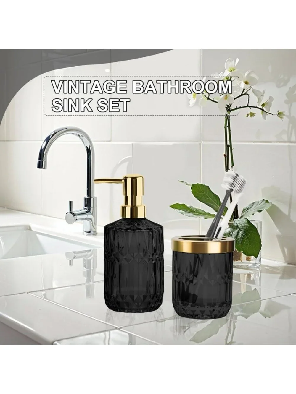 Modern Glass Bathroom Accessories Set - 2PCS Toothbrush Holder & Soap Dispenser